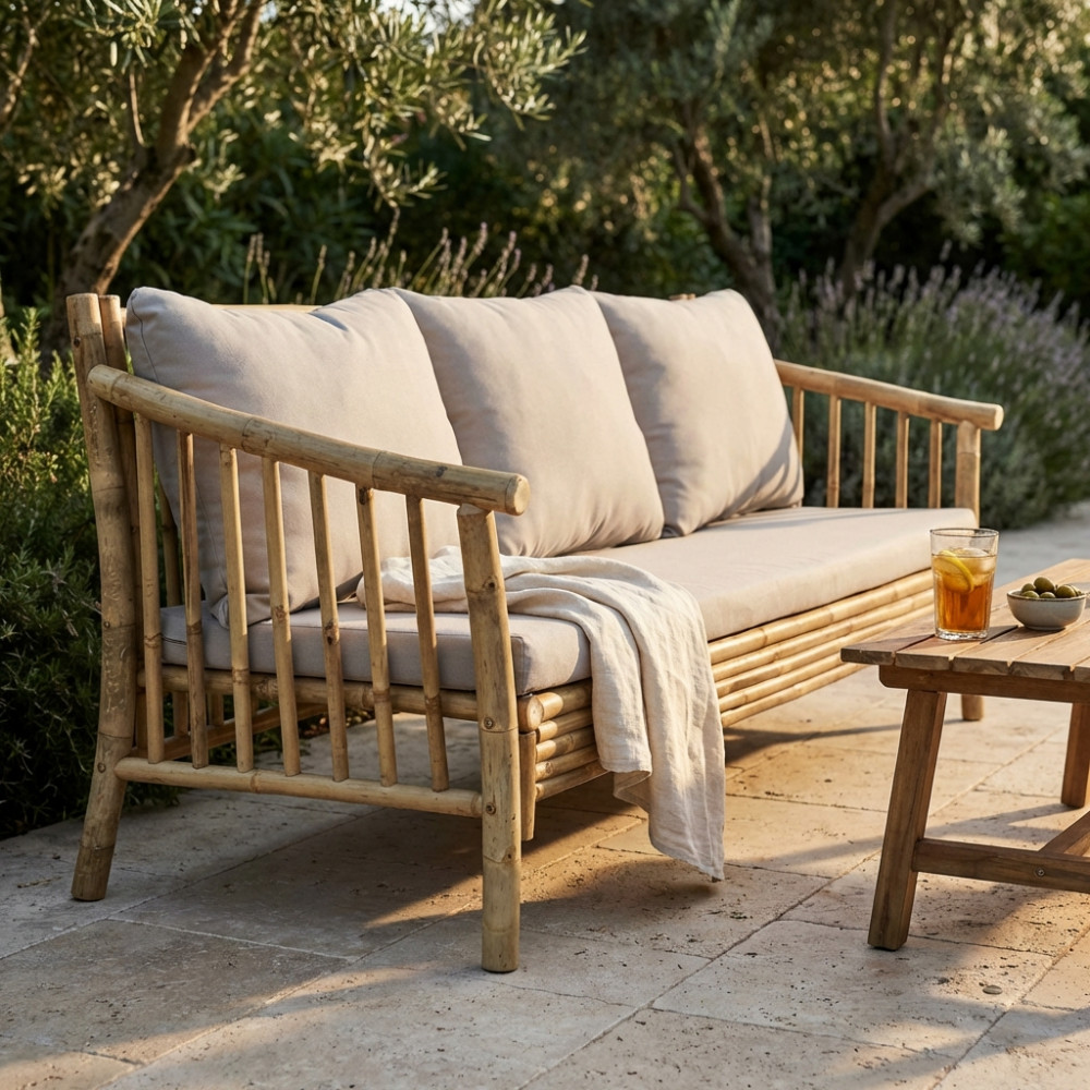 VivaGarden BU802820 Divano da Esterno 3 Posti con Cuscini in Bamboo 190x74x80 cm Naturale
