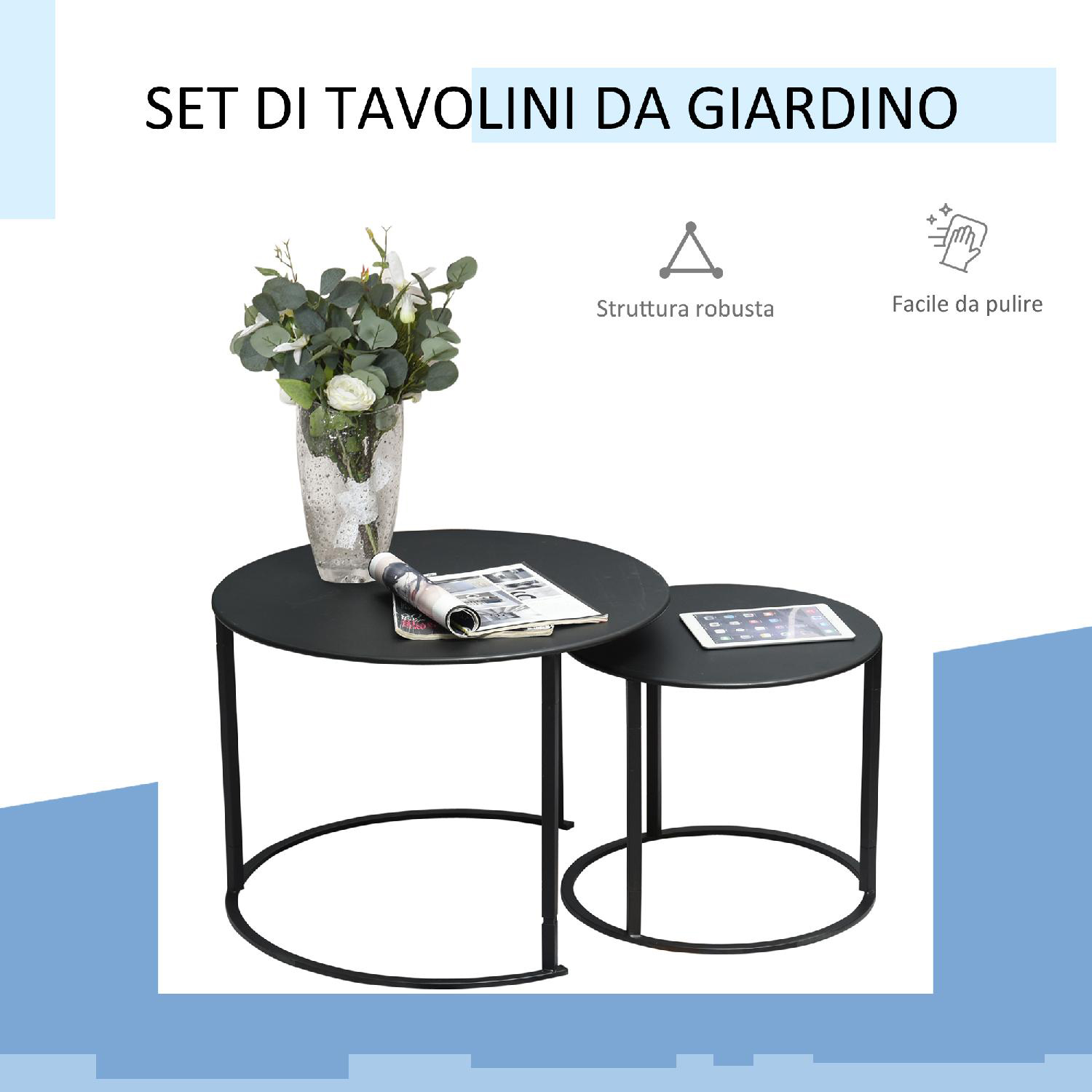 VivaGarden D4B511BK Set 2 Tavolini da Salotto Giardino Sovrapponibili Ferro Nero