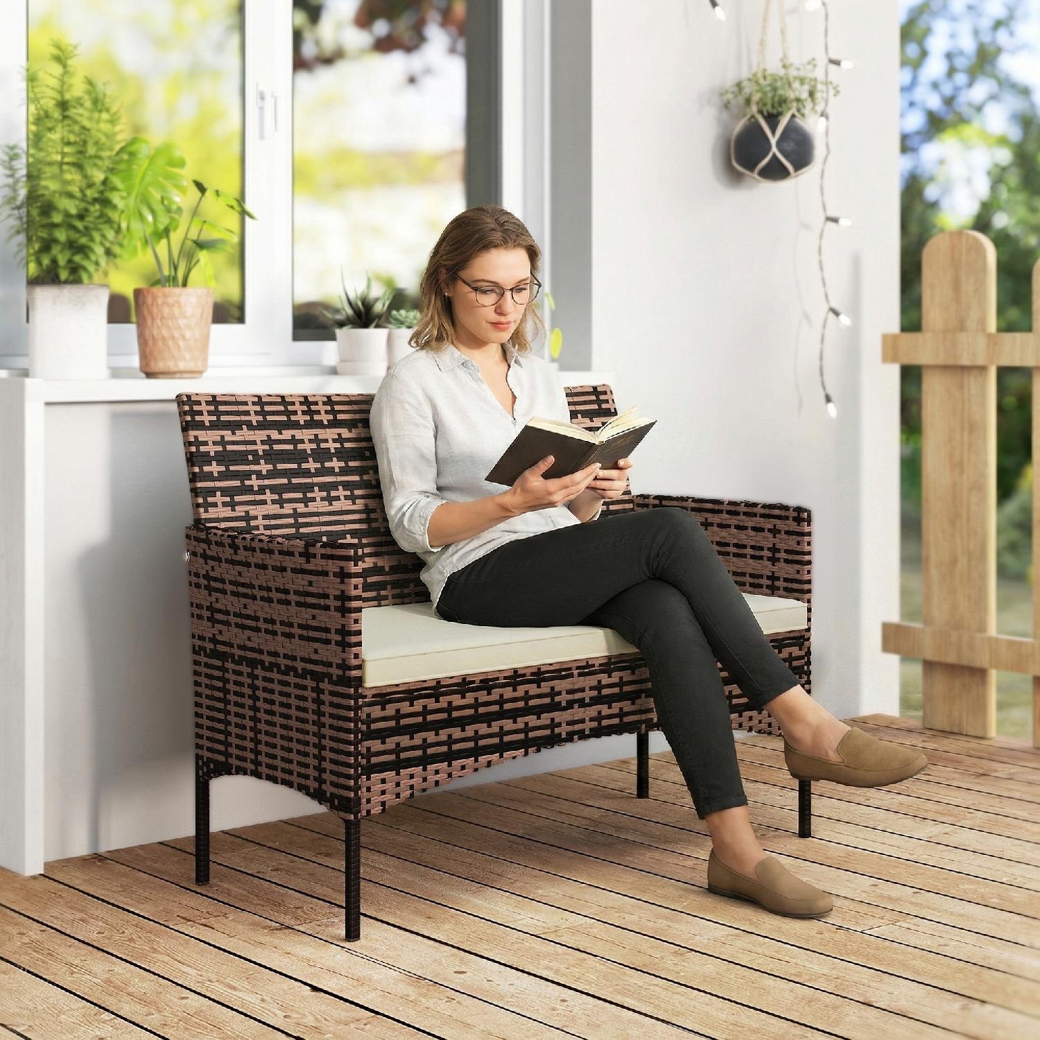 VivaGarden DA3370KK Divano da Esterno 2 Posti in Rattan e Acciaio 115x63x85 cm Beige