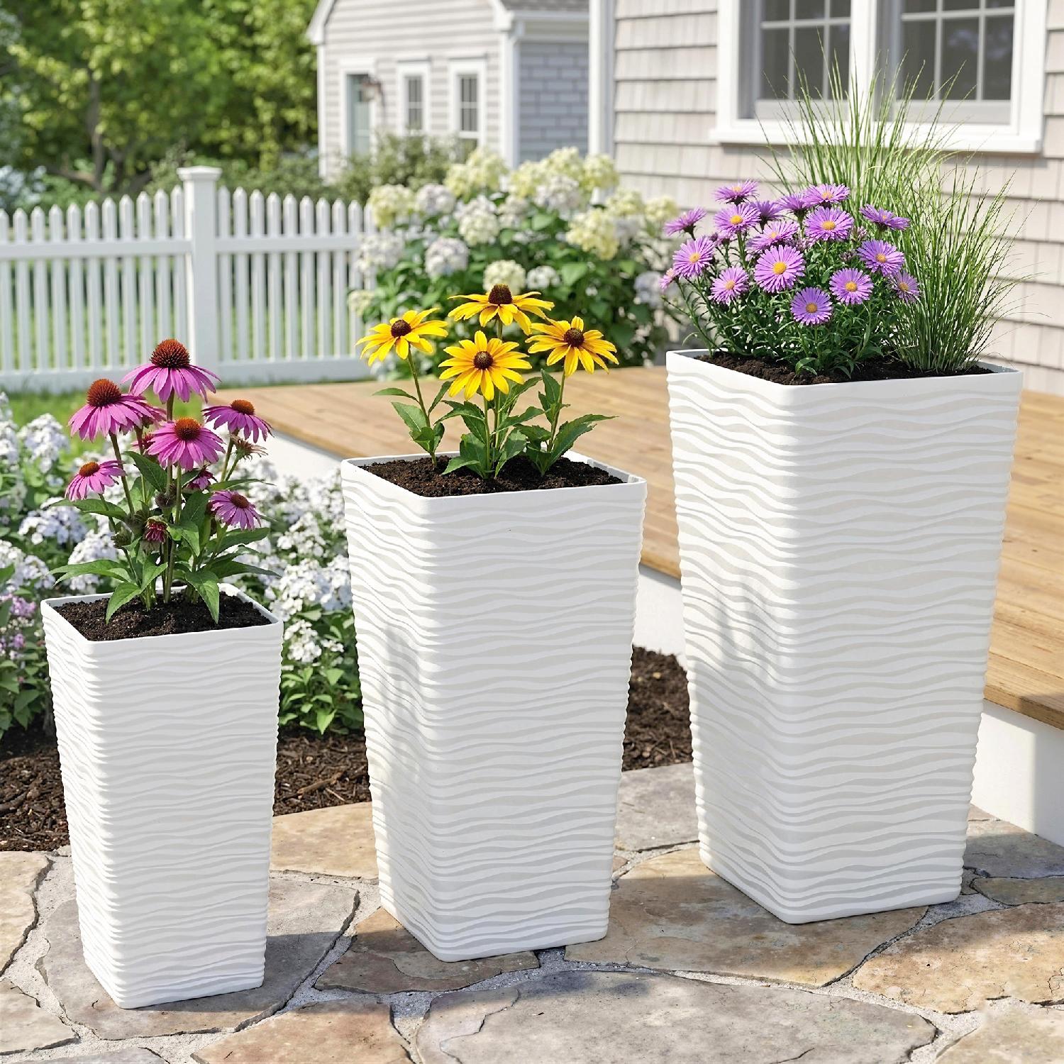 VivaGarden K8190WT Set 3 Vasi da Esterno Impilabili in Plastica 425565 cm Bianco