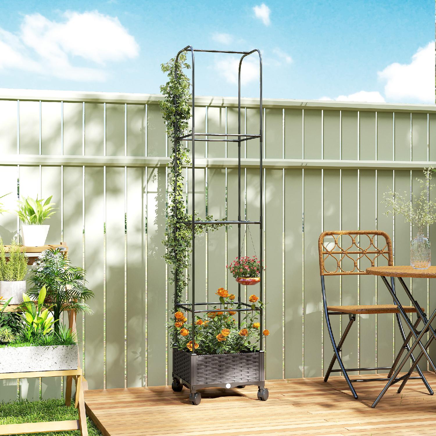 VivaGarden R285BK Fioriera per Esterni Rialzata con Traliccio e 4 Rotelle 40x40x185 cm