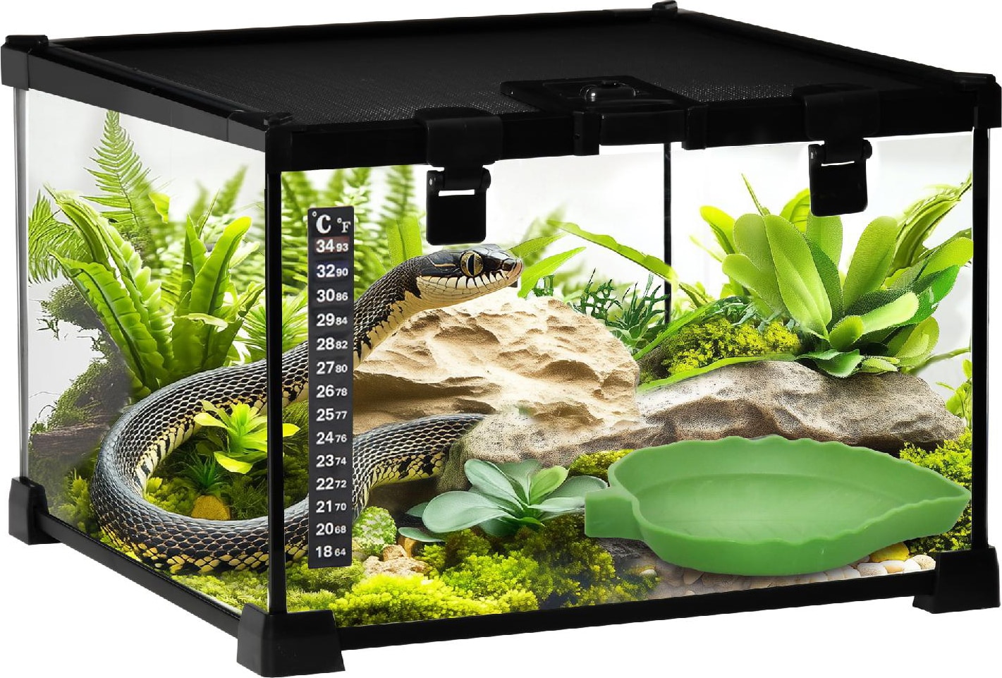 VivaGarden Terrario per Rettili Rialzato con Serratura e Termometro in Vetro e Rete Metallica 30x30x20 cm colore Nero - R403015