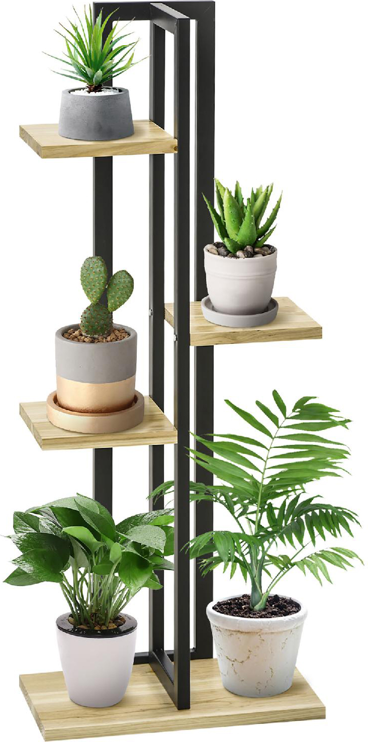 VivaGarden Portapiante a 4 Ripiani dallo Stile Industriale in Legno di Abete e Metallo 45x25x110 cm colore Nero/Legno - R4440BK