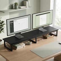 DecHome 0BKV572 Supporto Monitor Scrivania Rialzo Legno 2 Scomparti Portaoggetti Nero