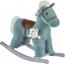 DecHome 118BUe330 Cavallo a Dondolo in Peluche e Legno Suoni e Orsetto Blu