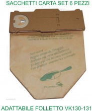 Domestik Line 399809 Sacchetti Carta Set 6 pezzi per Folletto Vk130 131