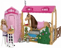 Mattel HXJ44 Barbie Stalla con bambola e cavallo 6 aree di gioco Playset 3+ Anni