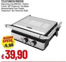 Telefunken M08359 Bistecchiera Elettrica Doppia Piastra Antiaderente 2000 W Inox