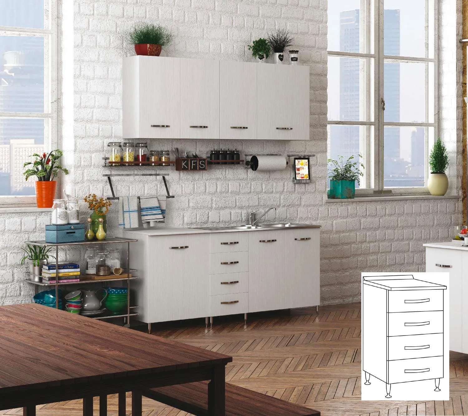 AZUR LINE Mobile Cucina Mobiletto con 4 cassetti 40x50x85h cm colore Bianco  - BFCA40KIT