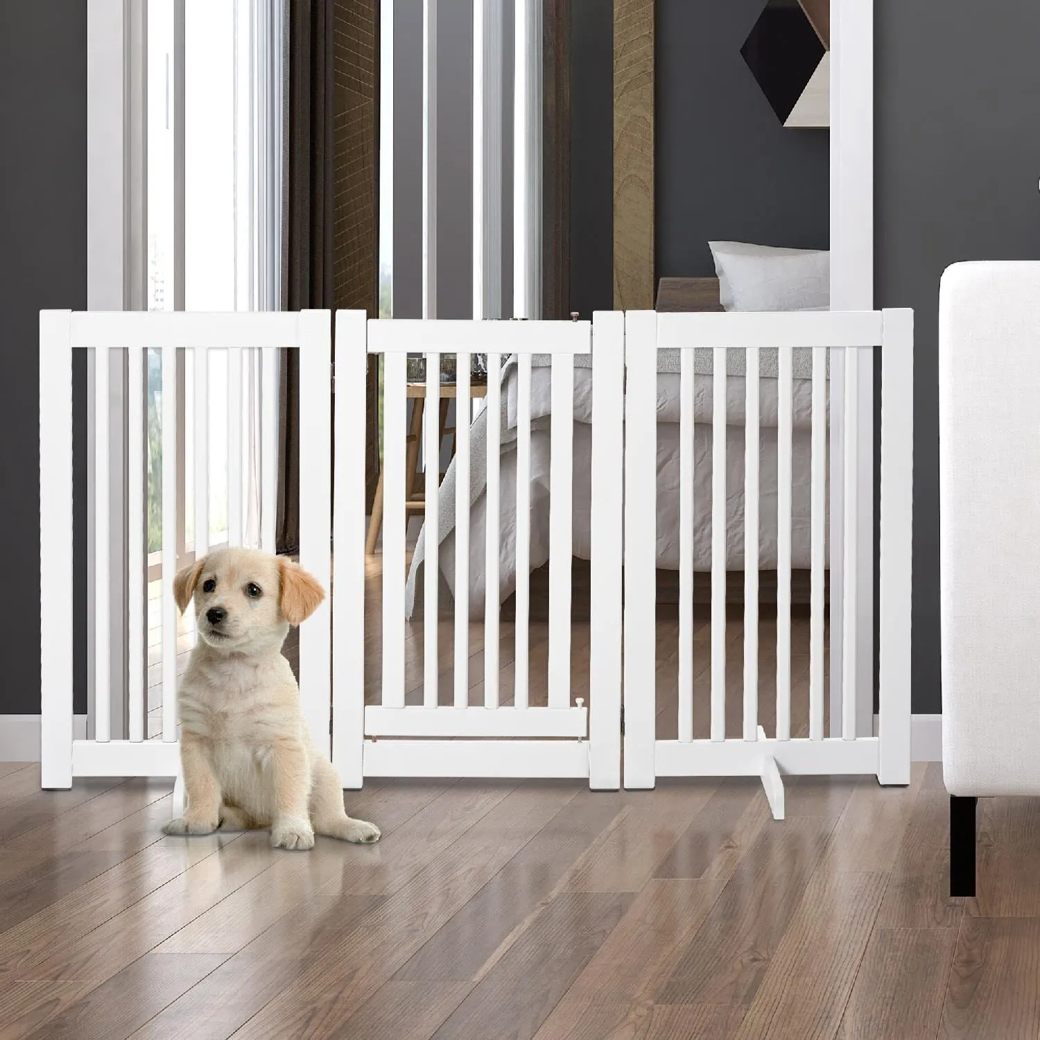 AllMyPets Cancelletto per Cani Pieghevole a 3 Pannelli Porta Centrale con  Blocco Struttura in MDF 155x76cm Bianco - 047WTeD06