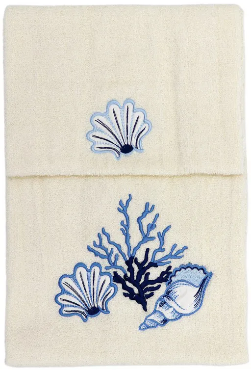 Blanco Raya Set Asciugamani Bagno 1+1 Coppia Asciugamani in Spugna di puro  Cotone fondo panna con ricamo colorato corallo e conchiglie colore Blu -  Positano