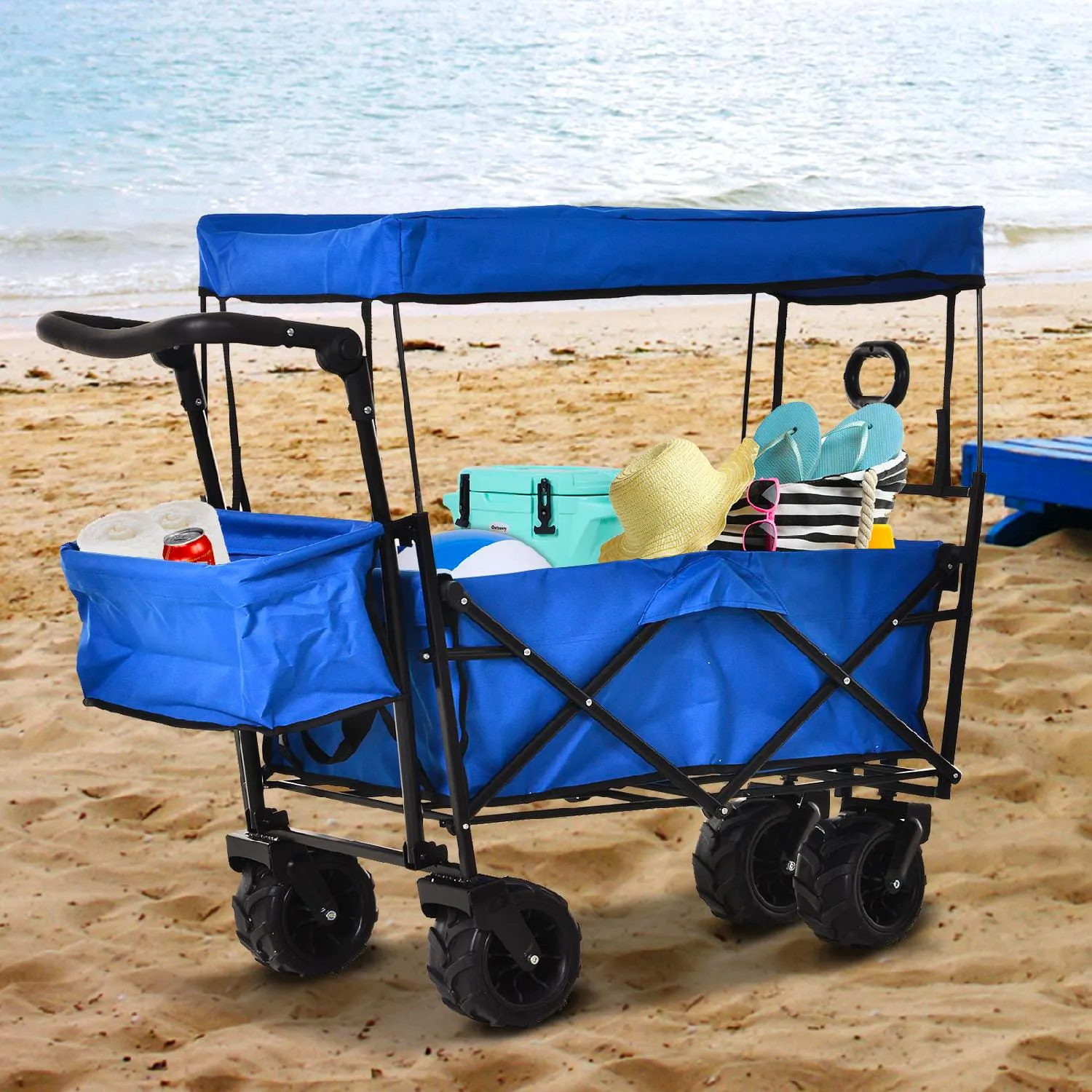 Brugel Carrello da Spiaggia Pieghevole Impermeabile 4 Ruote Blu