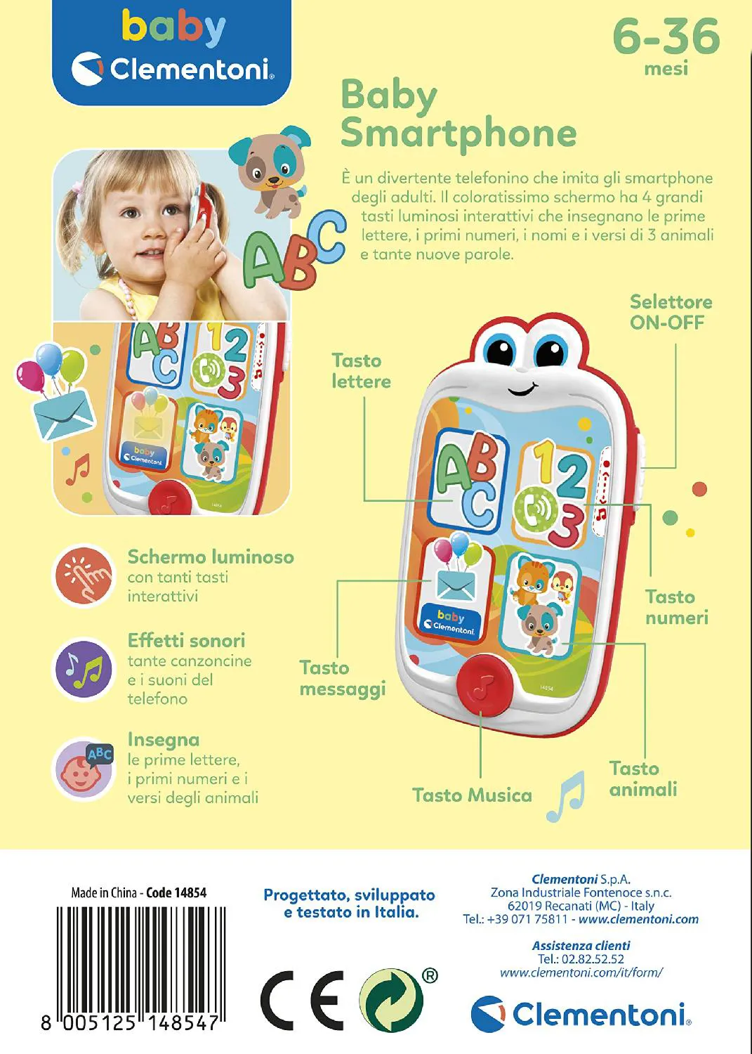 Clementoni Baby Smartphone - Telefonino Giocattolo Interattivo Elettronico  Parlante Gioco per Bambini 6+ Mesi 14854