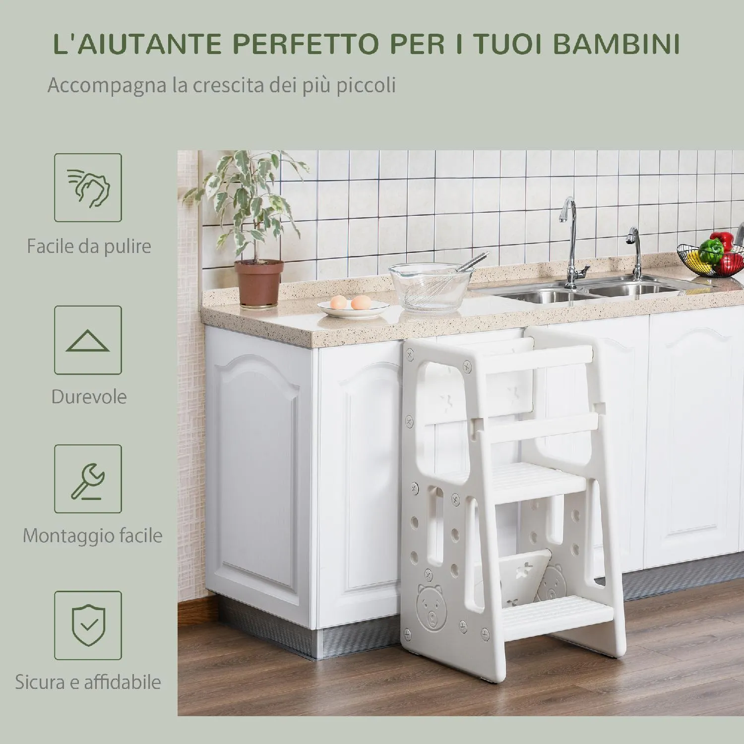 DecHome Scaletta per Bambini Torre Montessoriana Altezza Regolabile 3  Livelli 47x47x90 cm colore Bianco - 050WT312