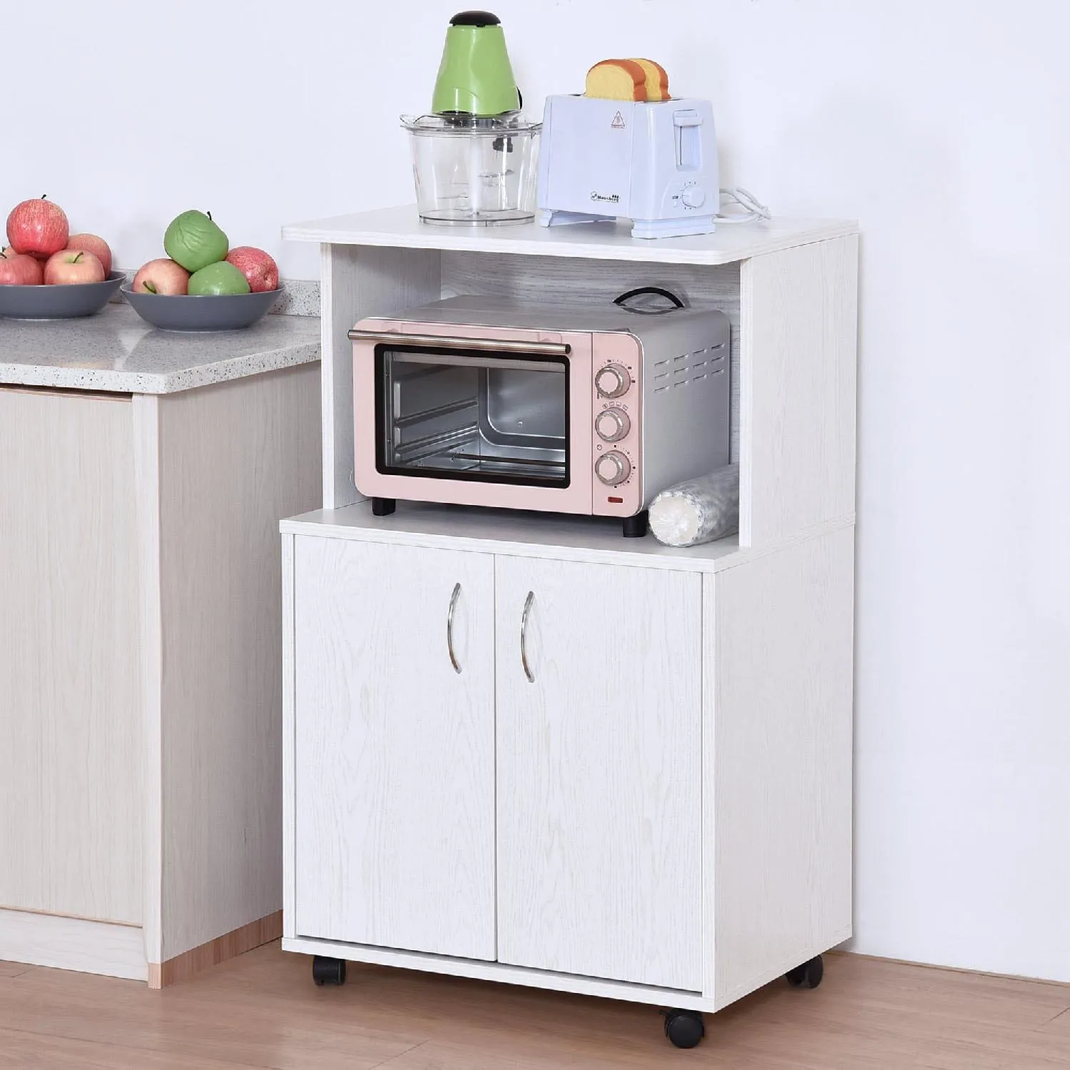 DecHome Mobile Cucina con Ruote Ripiano per Microonde in Legno Truciolare  60.4x40.3x97cm Bianco - 100WT801