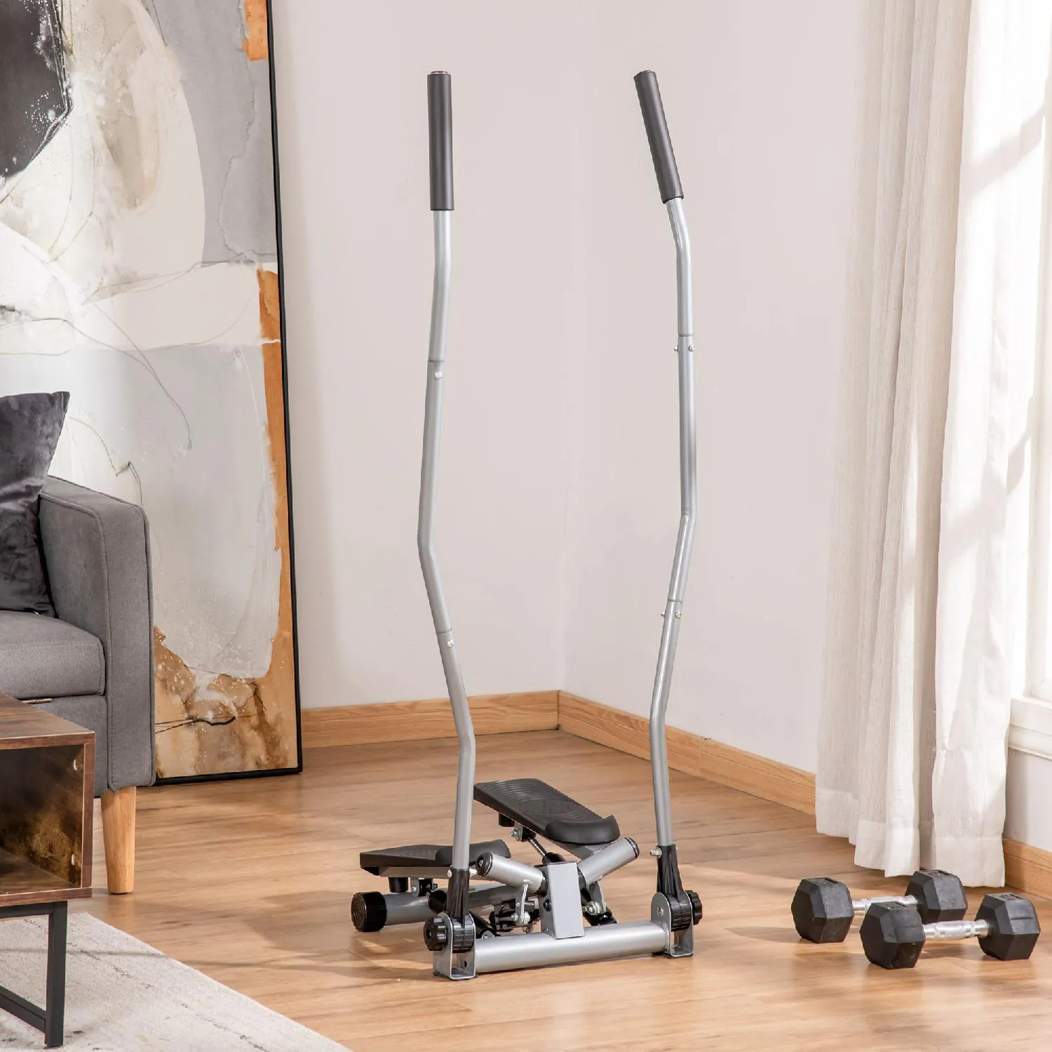 DecHome Stepper con Manubrio Maniglie ed Elastici Step Fitness con Monitor  LCD per Casa e Palestra Argento