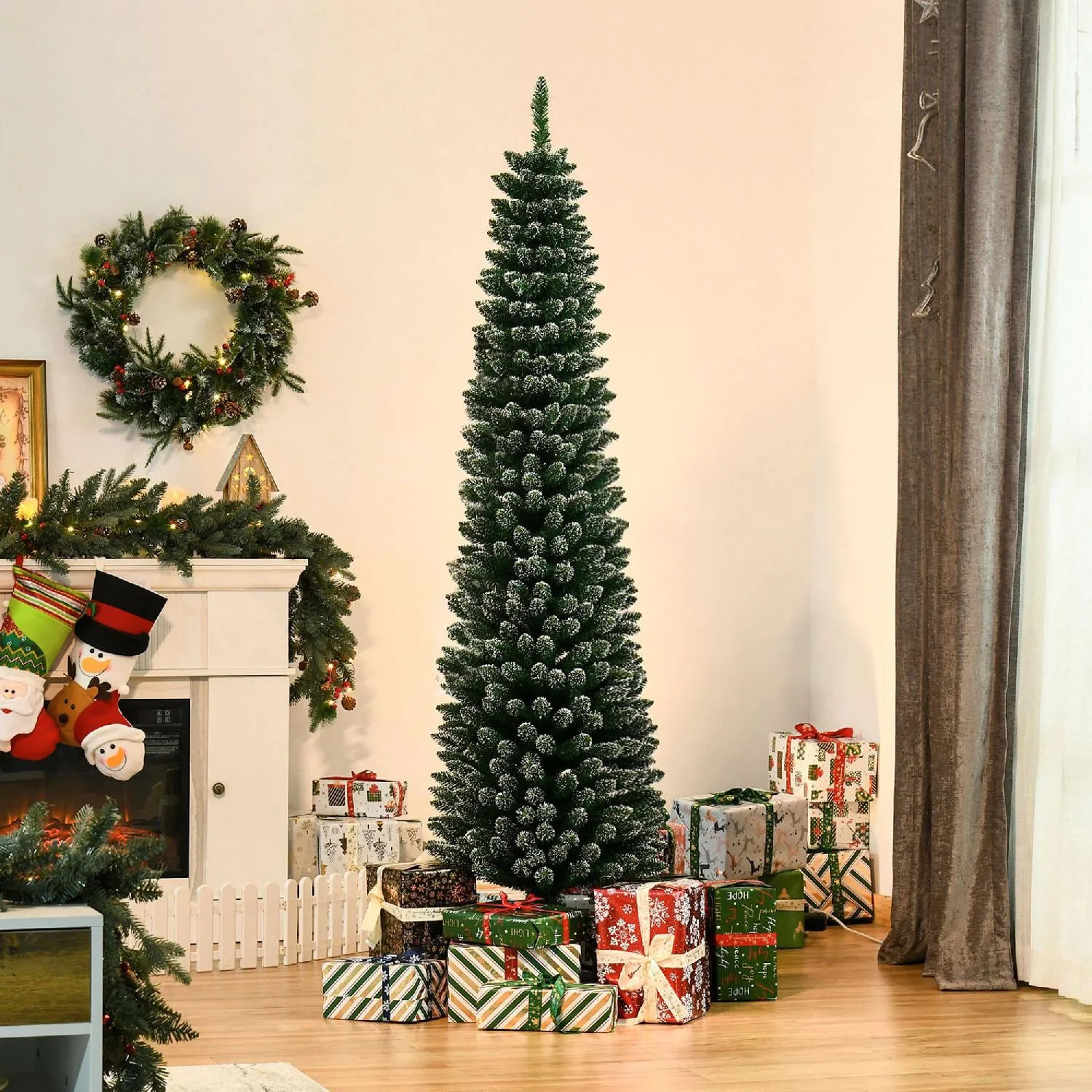 DecHome Albero di Natale Slim Innevato h. 195 cm con 570 Rami Base  Rimovibile e Pieghevole ø53x195cm Verde