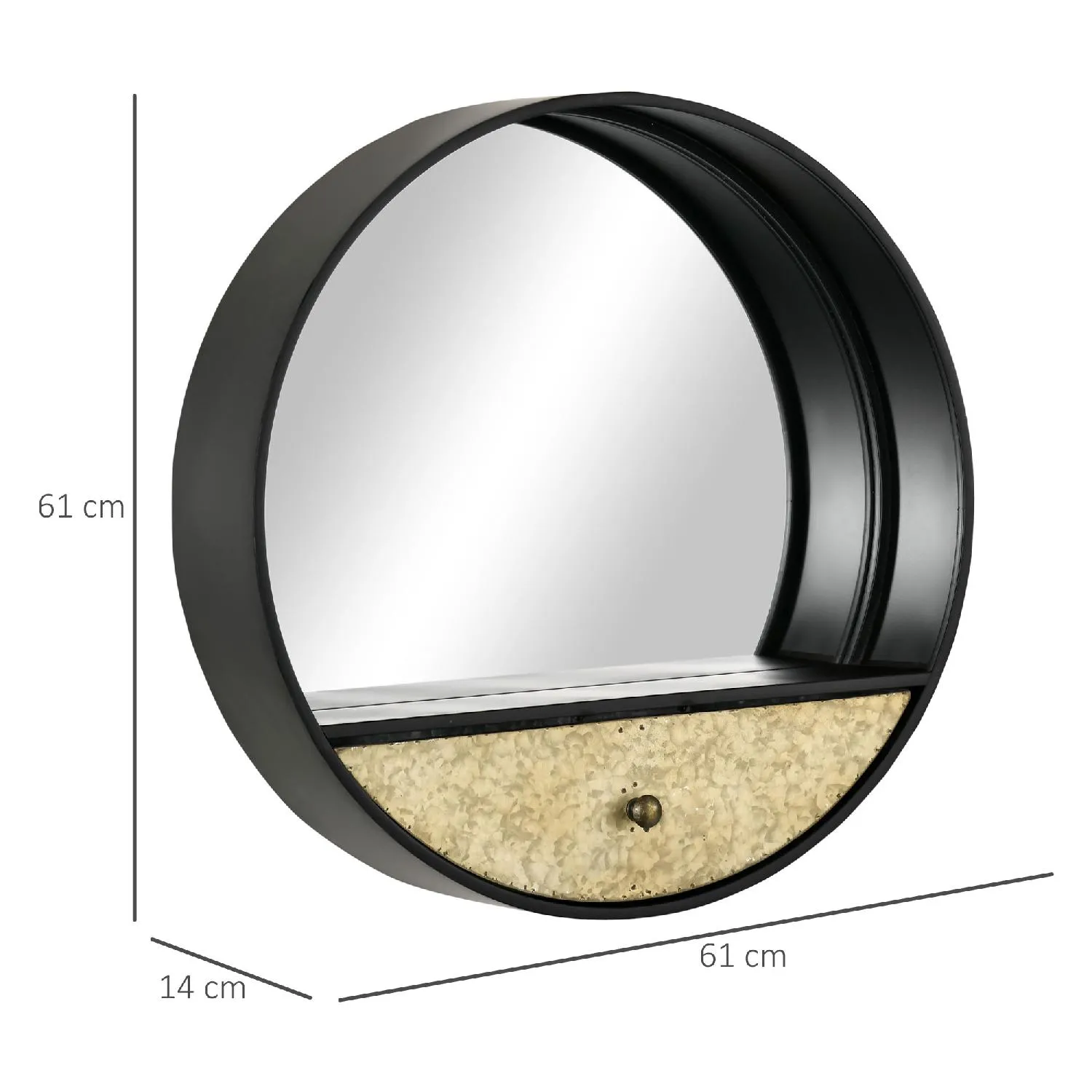 DecHome Specchio da Parete Rotondo ø61cm con Cassetto e Cornice in Metallo  Nero 474830