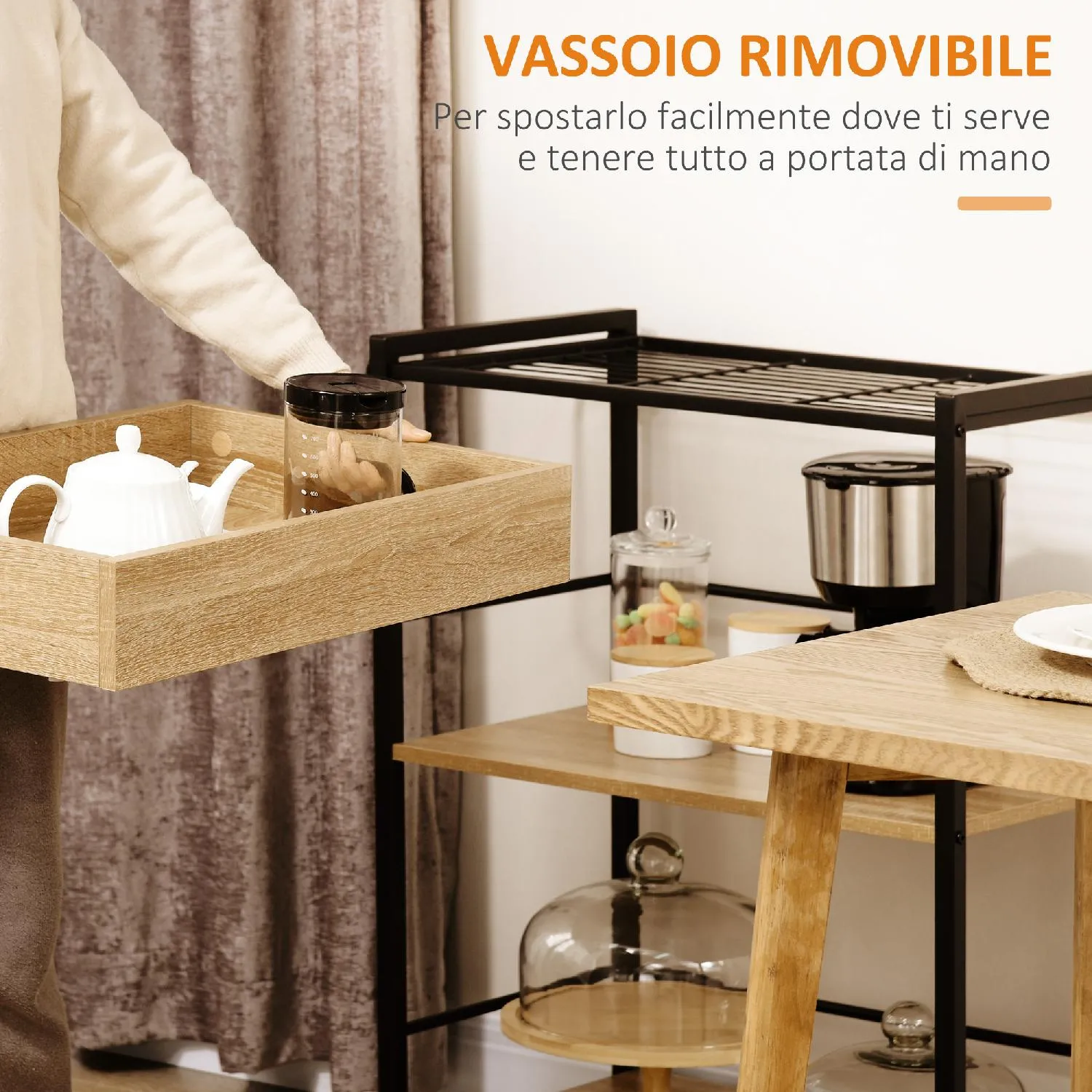 DecHome Carrello Cucina 3 Ripiani con Vassoio Rimovibile e Ruote Girevoli  Carrellino per Cucina in Stile Industriale 72x40x86cm Legno e Nero