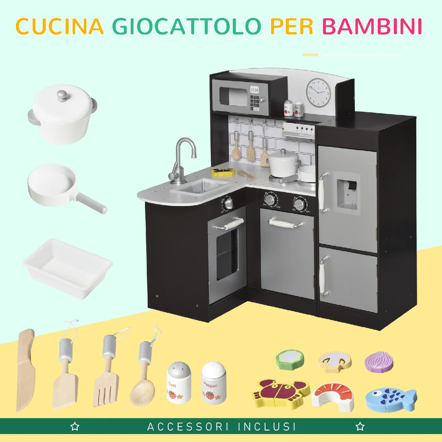 DecHome Cucina Giocattolo in Legno di Pino Playset per Bambini da 3+ Anni  colore Nero - 079/350