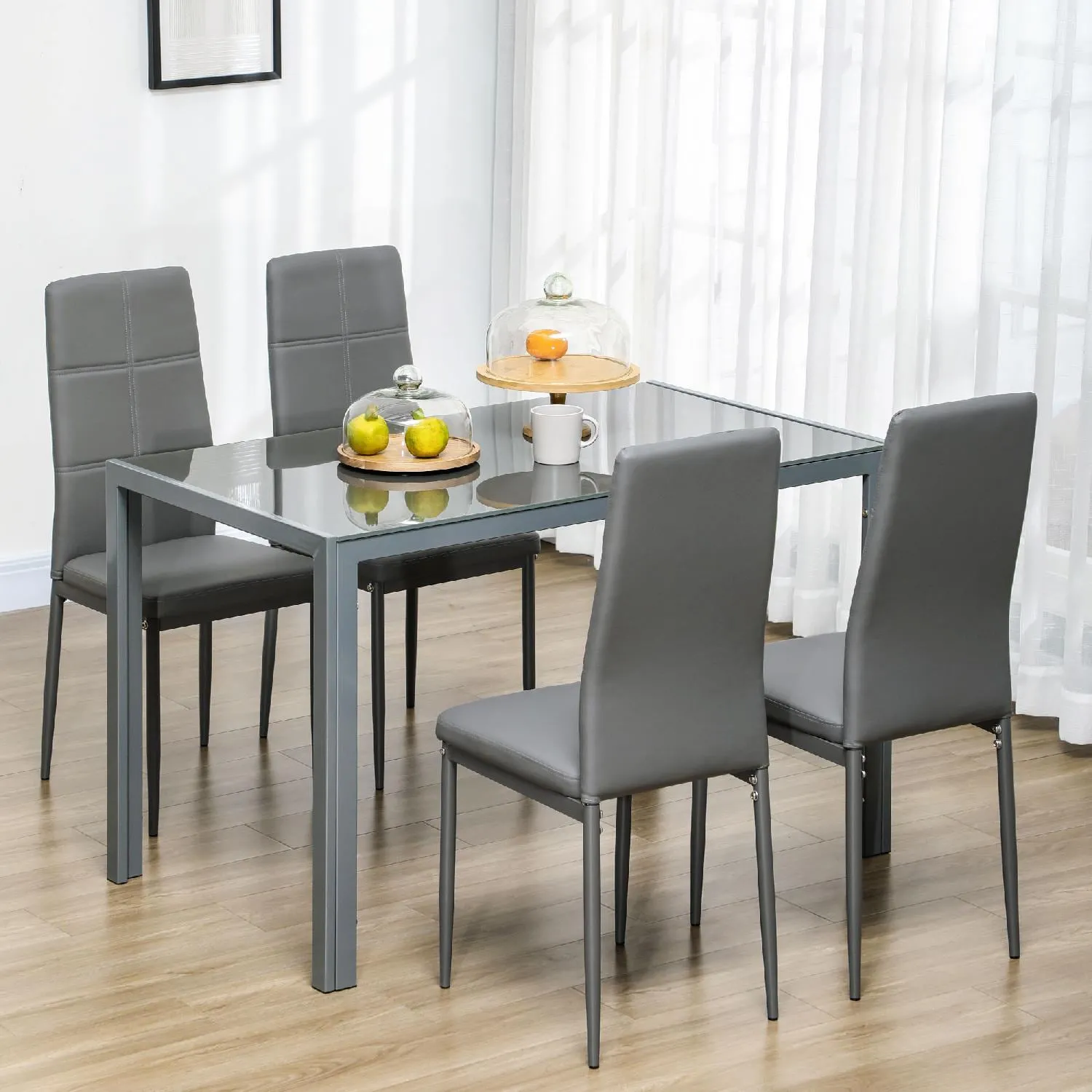 DecHome Set Tavolo da Pranzo e 4 Sedie Moderne in Similpelle Metallo e  Vetro Temperato colore Grigio
