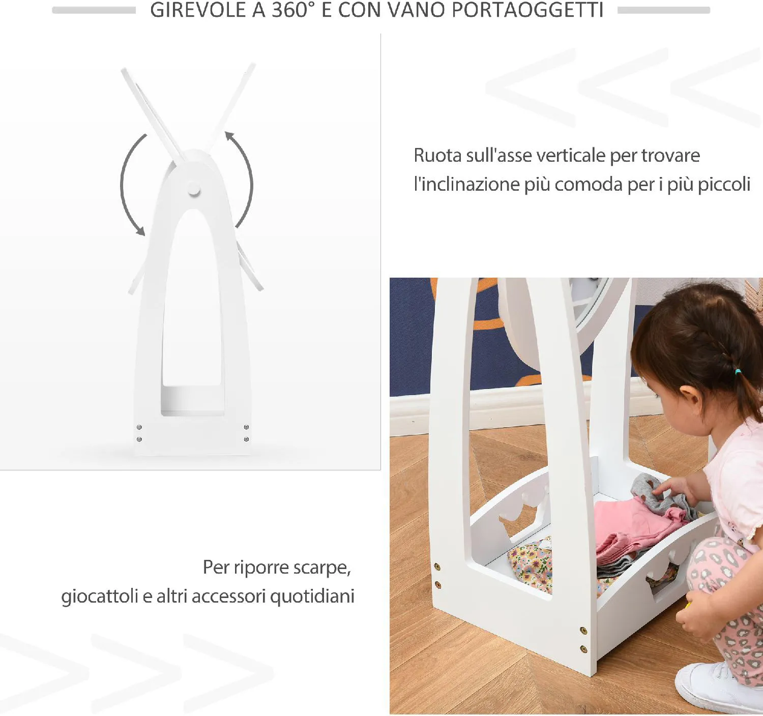 DecHome Specchio per Cameretta Girevole per Bambini in Legno Bianco con  Scaffale Contenitore 40x30x104cm - 95ek350
