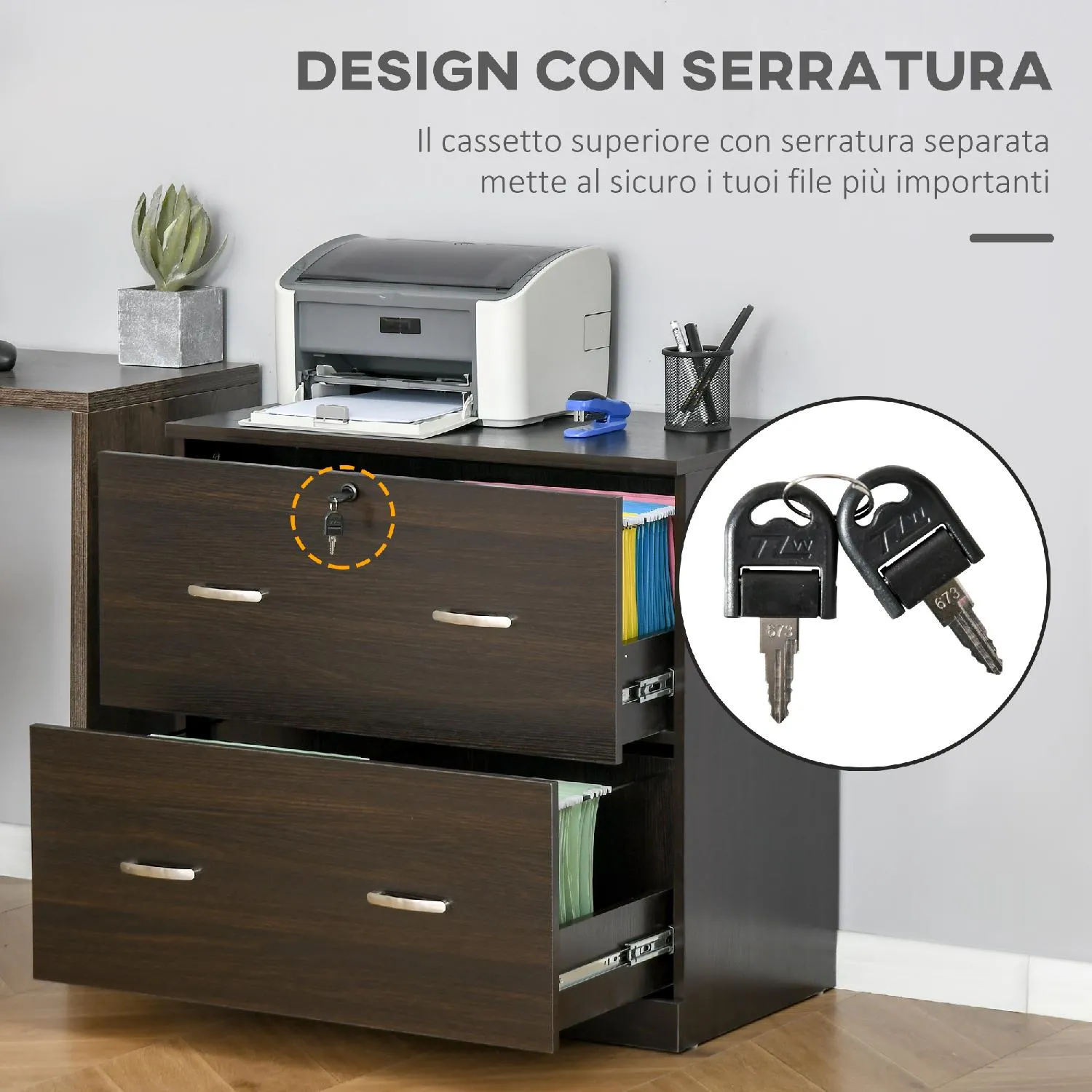 Icon Space Cassettiera Ufficio in Legno con 2 Cassetti Serratura e