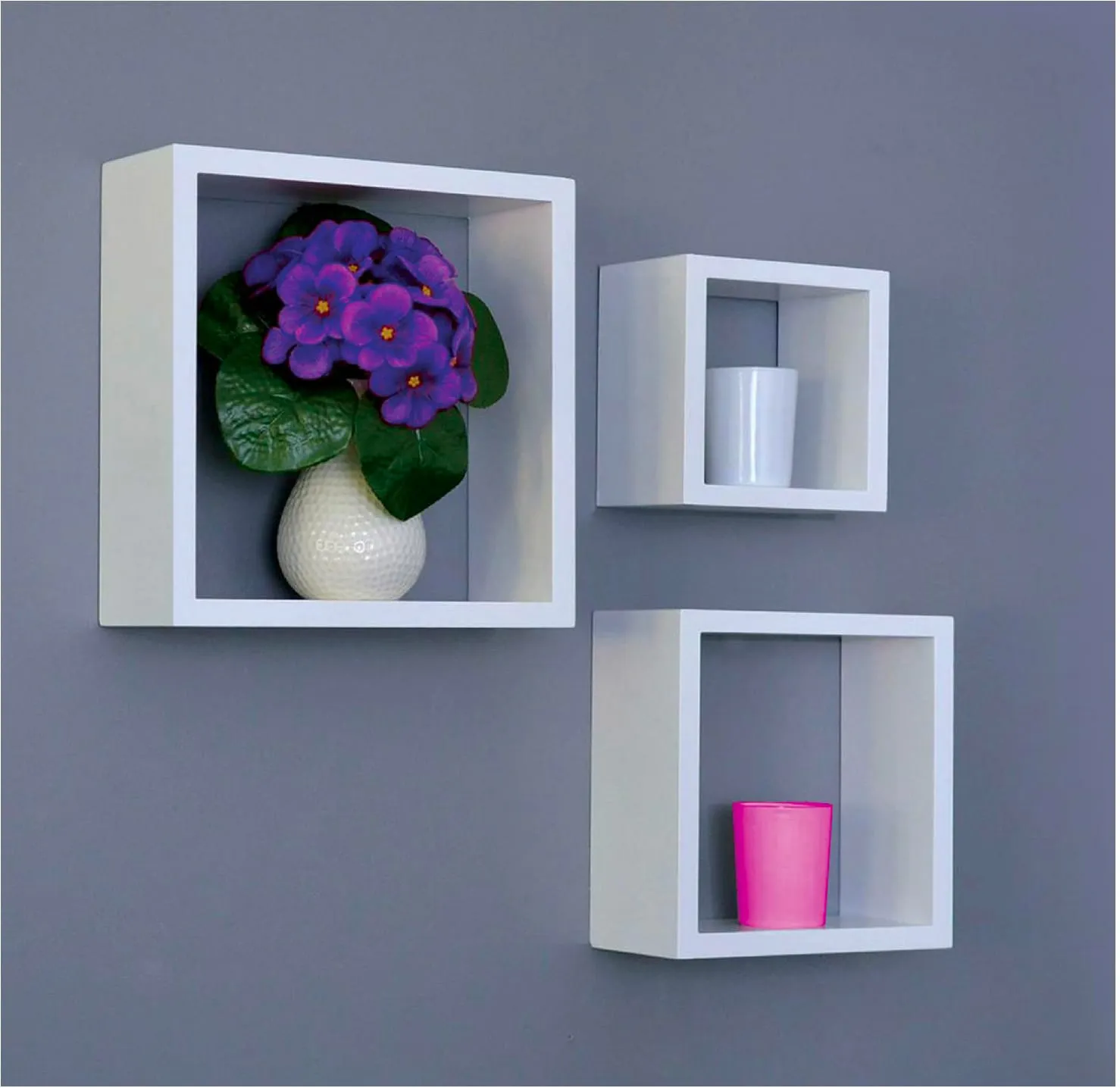 Cubi da parete Scaffale in MDF/PVC Set 3 Pezzi: 24x10x24 cm, 27x10x27h cm,  30x10x30h cm colore Cemento Niche