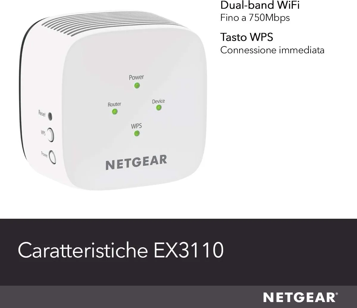 Netgear Ripetitore wifi extender Wireless range extender Access Point AC750  IEEE 802.11n 750 Mbit/s - EX3110-100PES