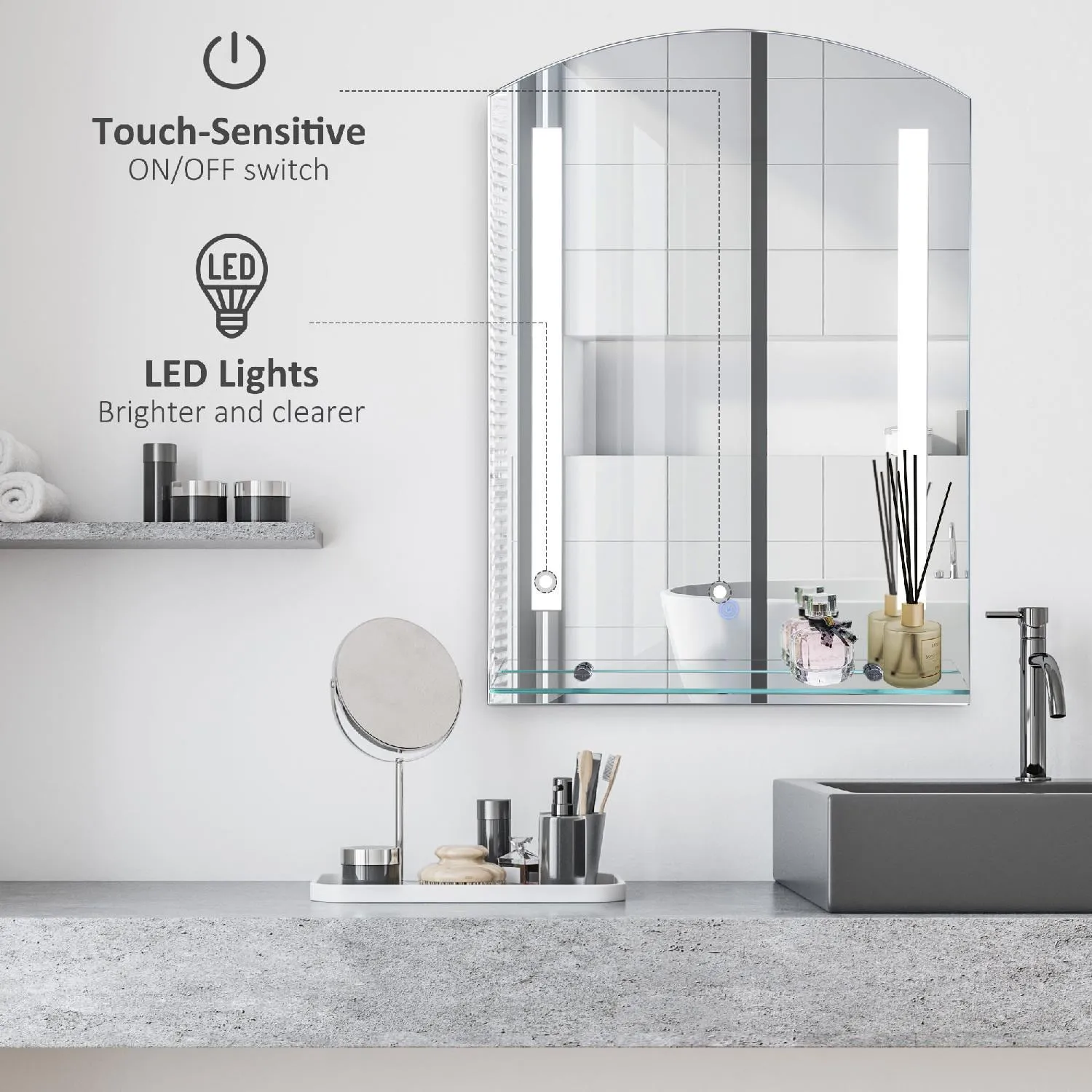 Nova Deco Specchio Bagno con Luce LED e Interruttore Touch Mensola in Vetro  e Struttura Alluminio - 57834