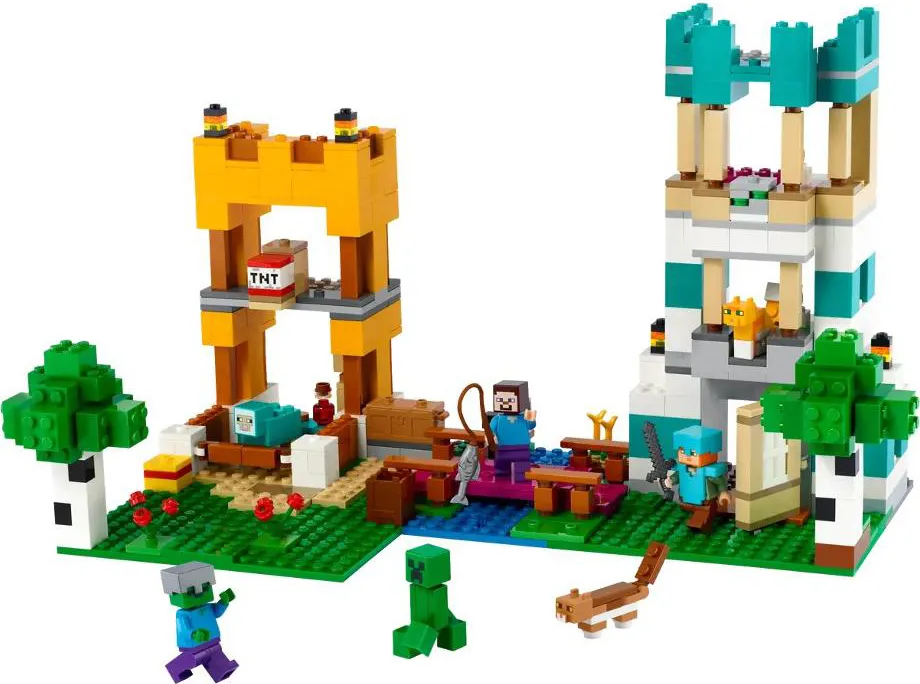 lego Minecraft - Crafting Box 4.0 set 2in1 Torri Fluviali o Cottage del  Gatto con le Figure di Alex, Steve, un Creeper e uno Zombie Costruzioni per  Bambini da 8+ Anni - 21249